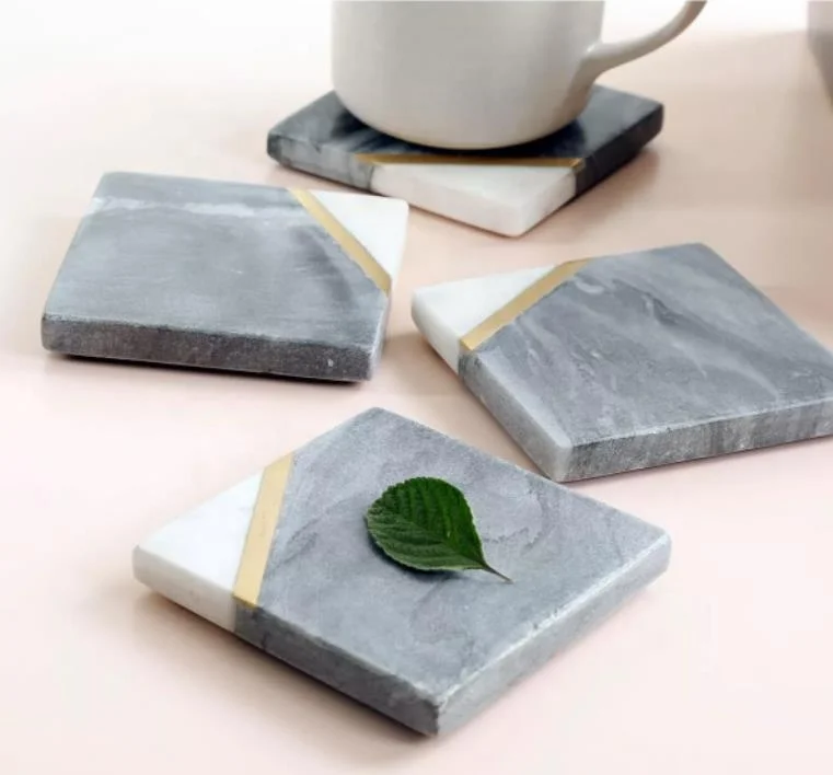 Wholesale Custom Four Piece Splicing 2 Colors coaster Set Inlaid with Brass Trim Cork Cup Mat Marble coaster