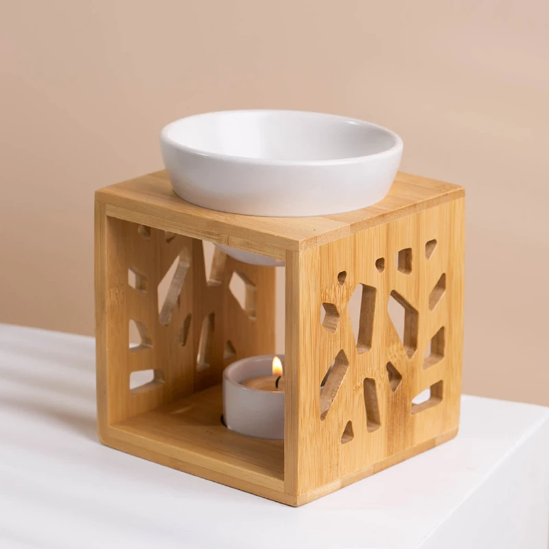 Custom ceramic candle tealight wax melt essential oil aroma burner & incense perfume  fragrance lamp with wood stand wholesale