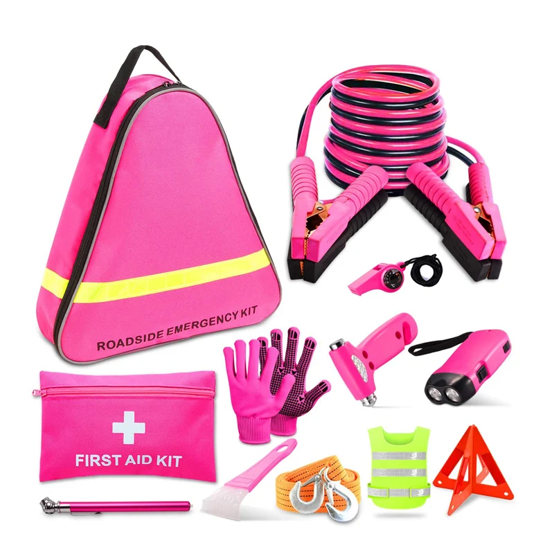 Multifunction Pink Car Emergency Roadside Assistance Kit With 10FT Jumper, First Aid Kit, Safety Hammer