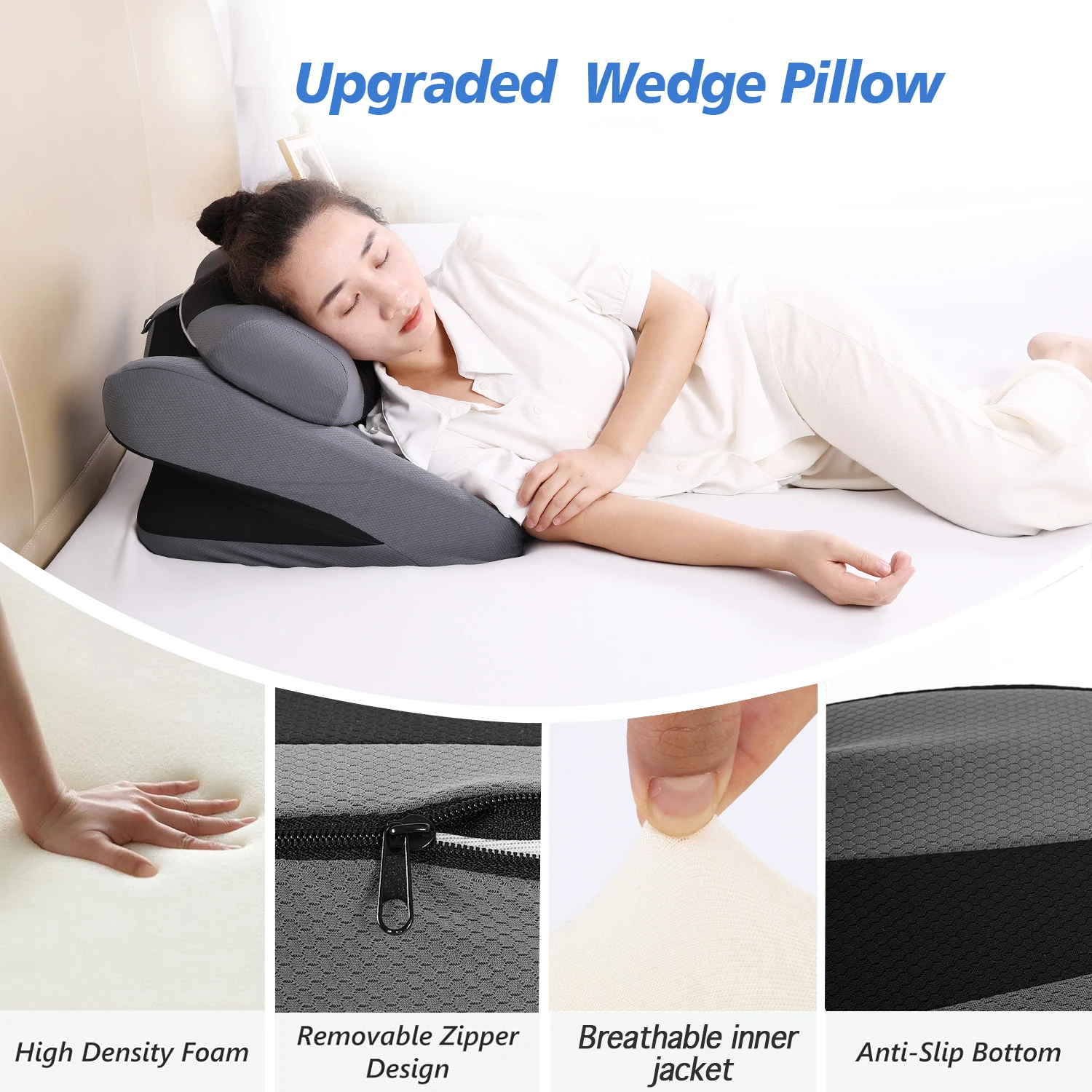 Adjustable Height Face Down Pillow for Sleeping Reading Wedge Pillow for Headboard Memory Foam Pillow for Stomach Sleeper
