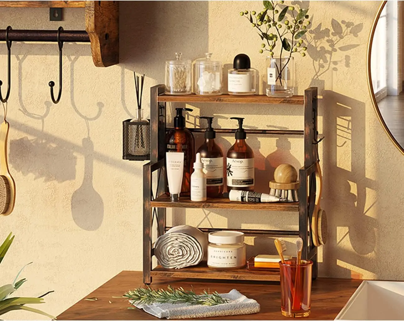QJMAX 3-Tier Counter Shelf Spice Rack Desktop Organizer With Wire Basket Engineered Wood
