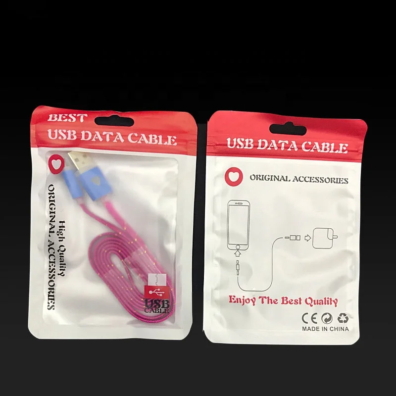 Digital product mobile phone usb data cable power hdmi cable ziplock packaging bag with butterfly hanging hole