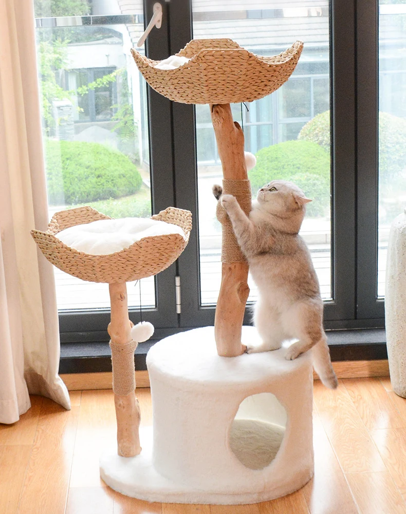 Modern Cat Tree Tower for Indoor Cats Real Branch Wood Kitty Tower Cat Scratching Post Jumping Platforms Natural Wood Pet Tree