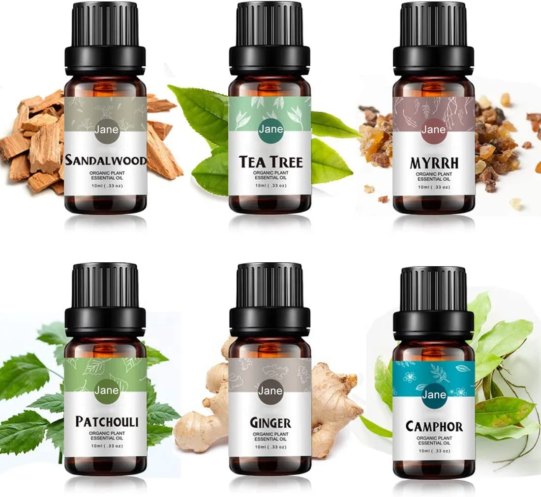 Tea Tree Sandalwood Patchouli Myrrh Ginger Camphor 100% Pure Aromatherapy Essential Oil Gift Set for Diffuser Skin Care Massage