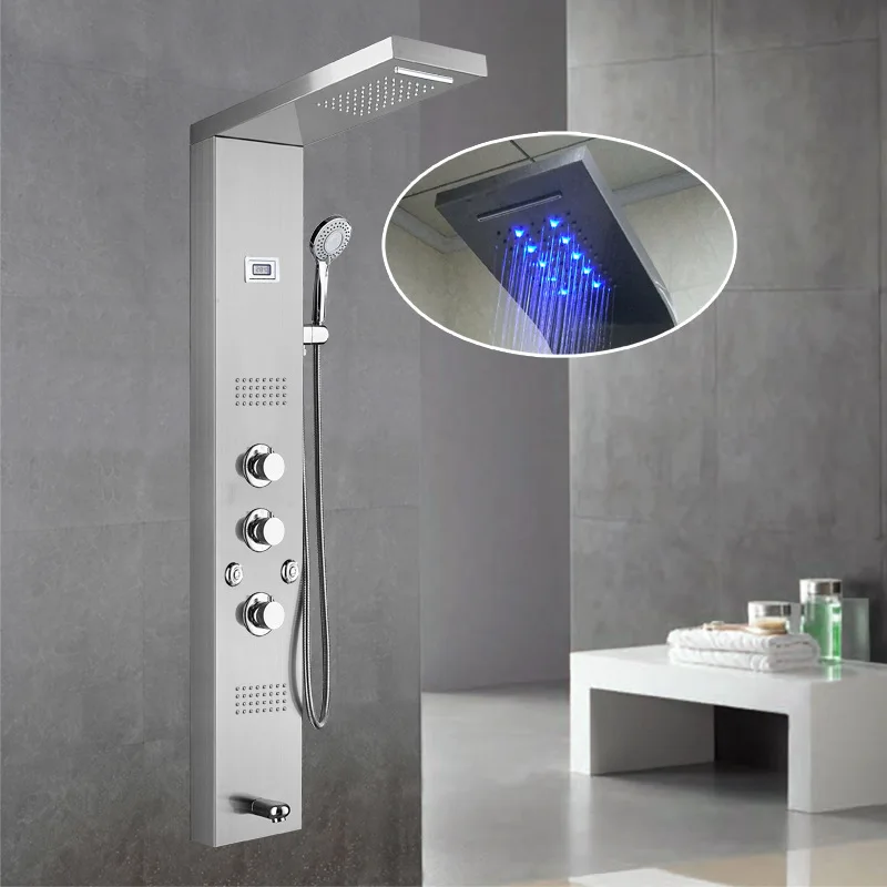 Fapuiiy LED Shower Faucet Shower Panel Bathroom Stainless Steel Contemporary Modern in Wall Shower System Waterfall Rain Black