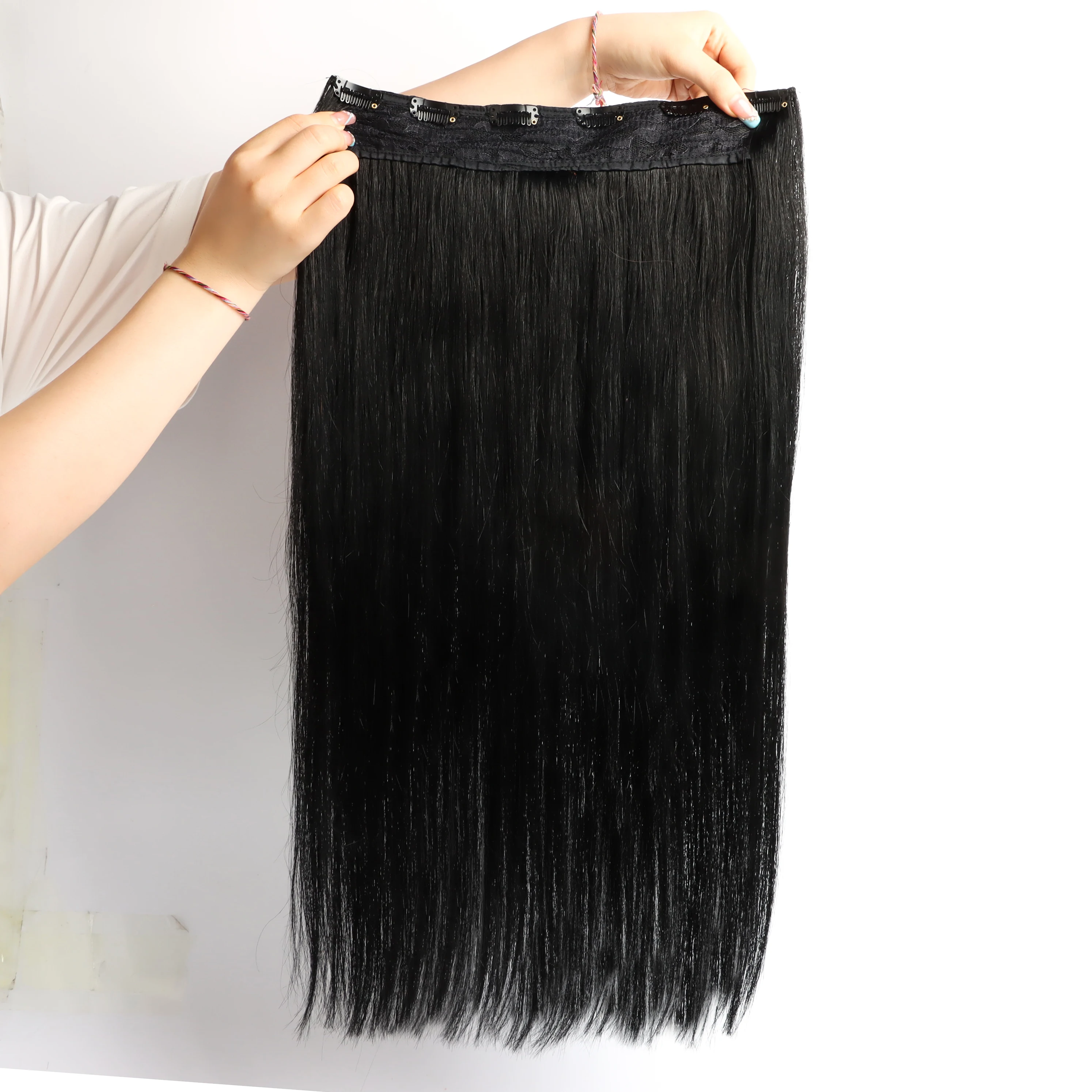Best Selling Halogen Hair Invisible Wire One Piece Clip In Human Hair Extensions With Fish Line