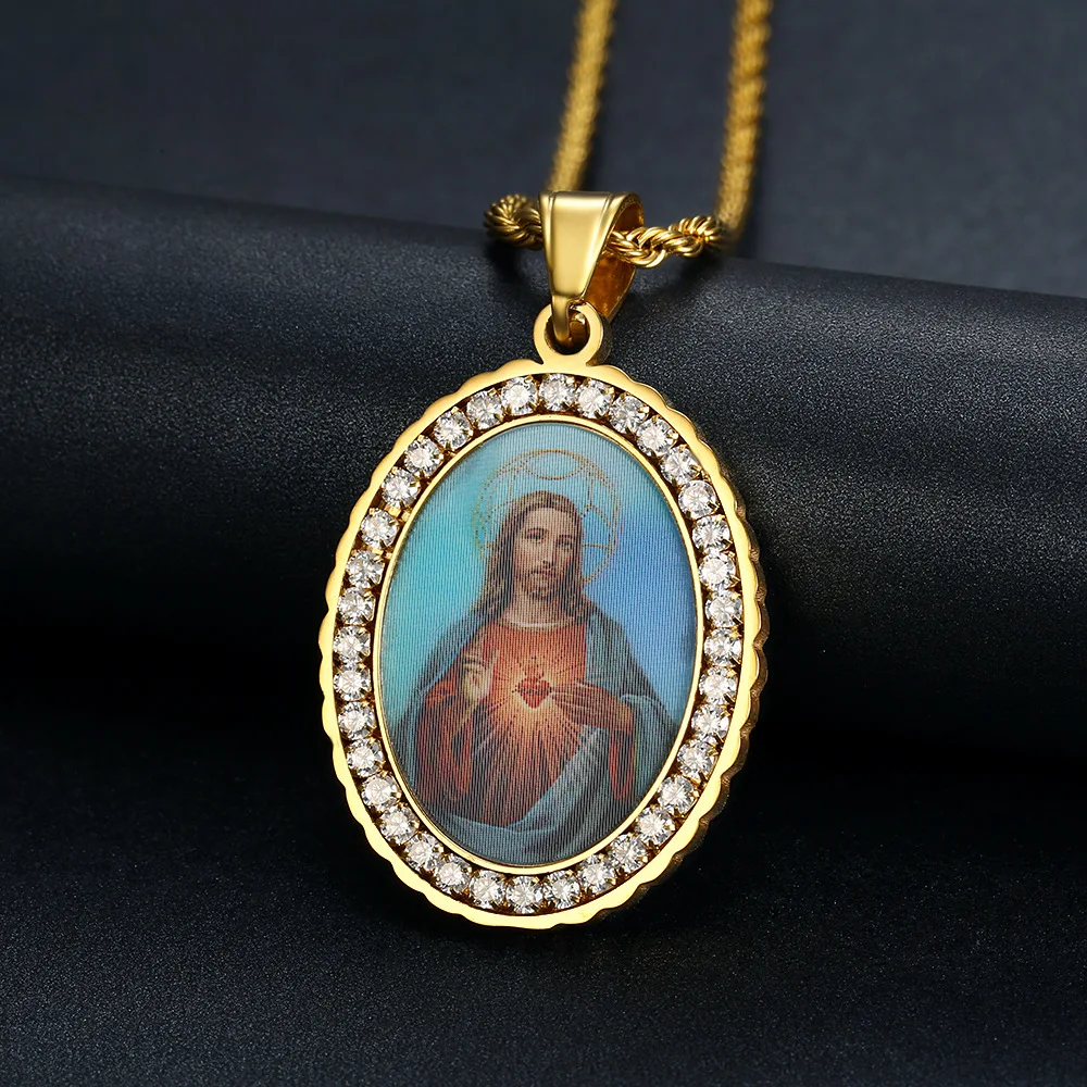 Stainless Steel gold Plated CZ Oval Christian Necklace Virgin Mary Pendants for women Necklace Religious Jewelry Gifts