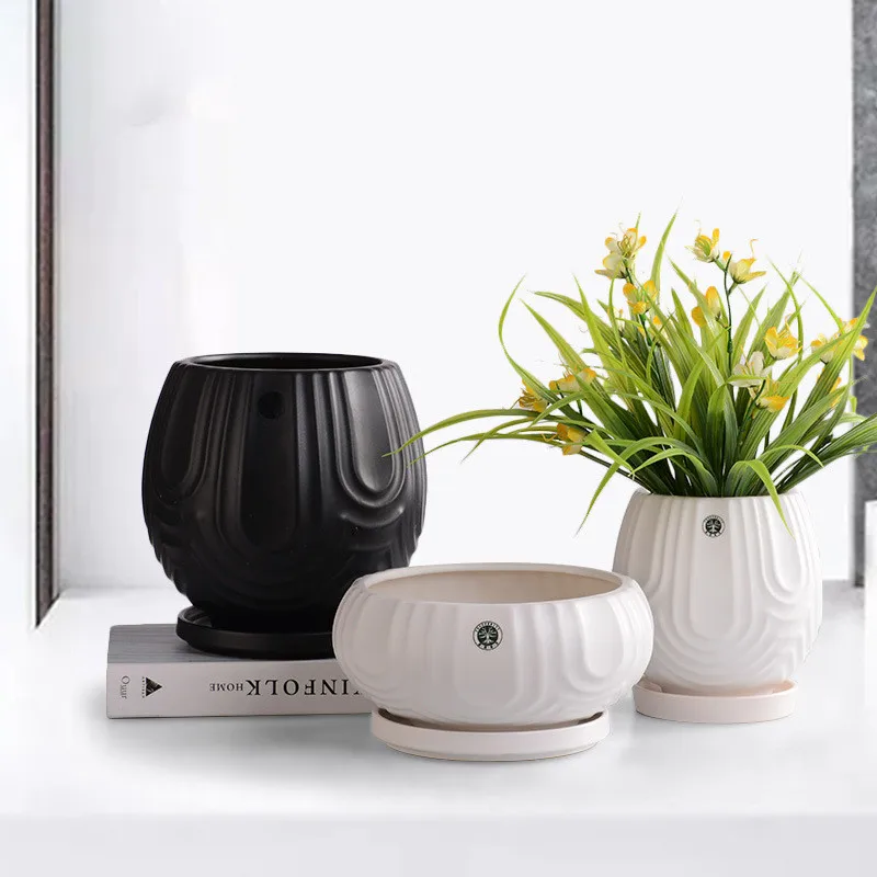 
Modern Nordic ceramic flowerpot set with tray home decoration potted vase plant green radish plant handicraft decoration custom 