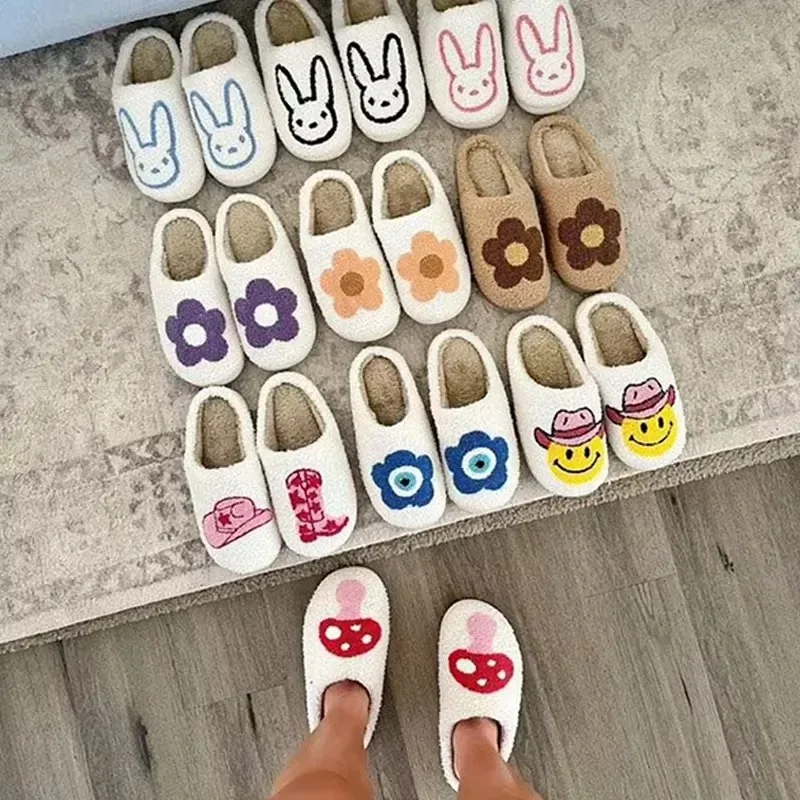 Christmas Trendy Winter Cozy Funny Animal Flower Slippers Men Women Anti-Slip Breathable Thermal Fabric Insole Home Spring