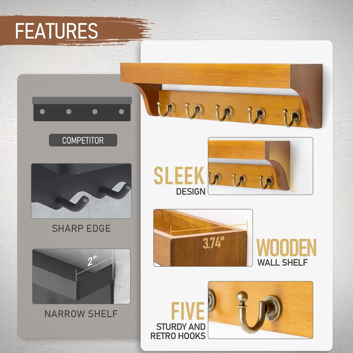 Wooden Key Holder for Wall Decorative Mail and Key Rack Key Loop and Hook Wall Mounted Key Holder Hotel Car Key Card Holder