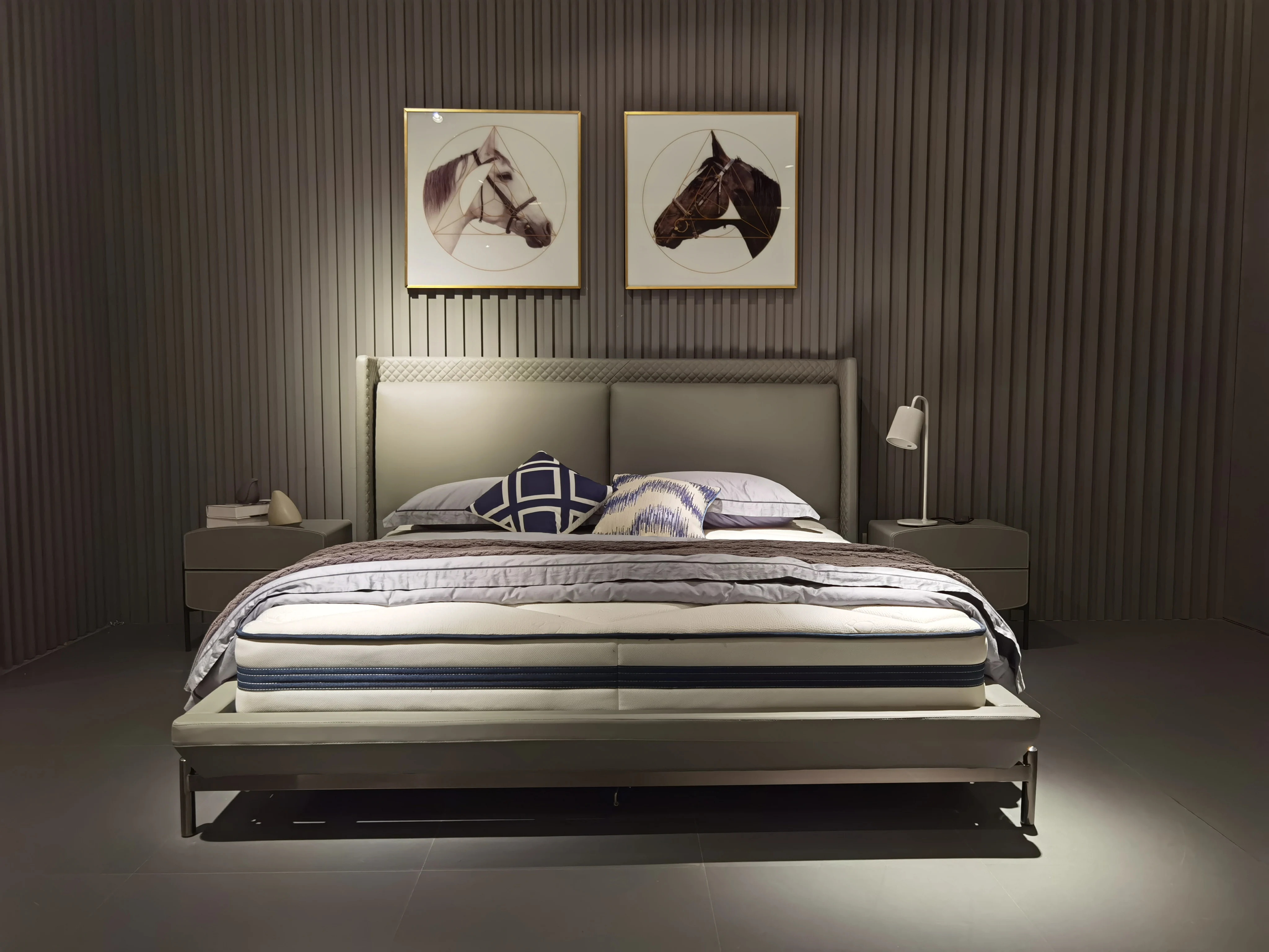 5 star hotel high end light gray king platform leather bed base with headboard