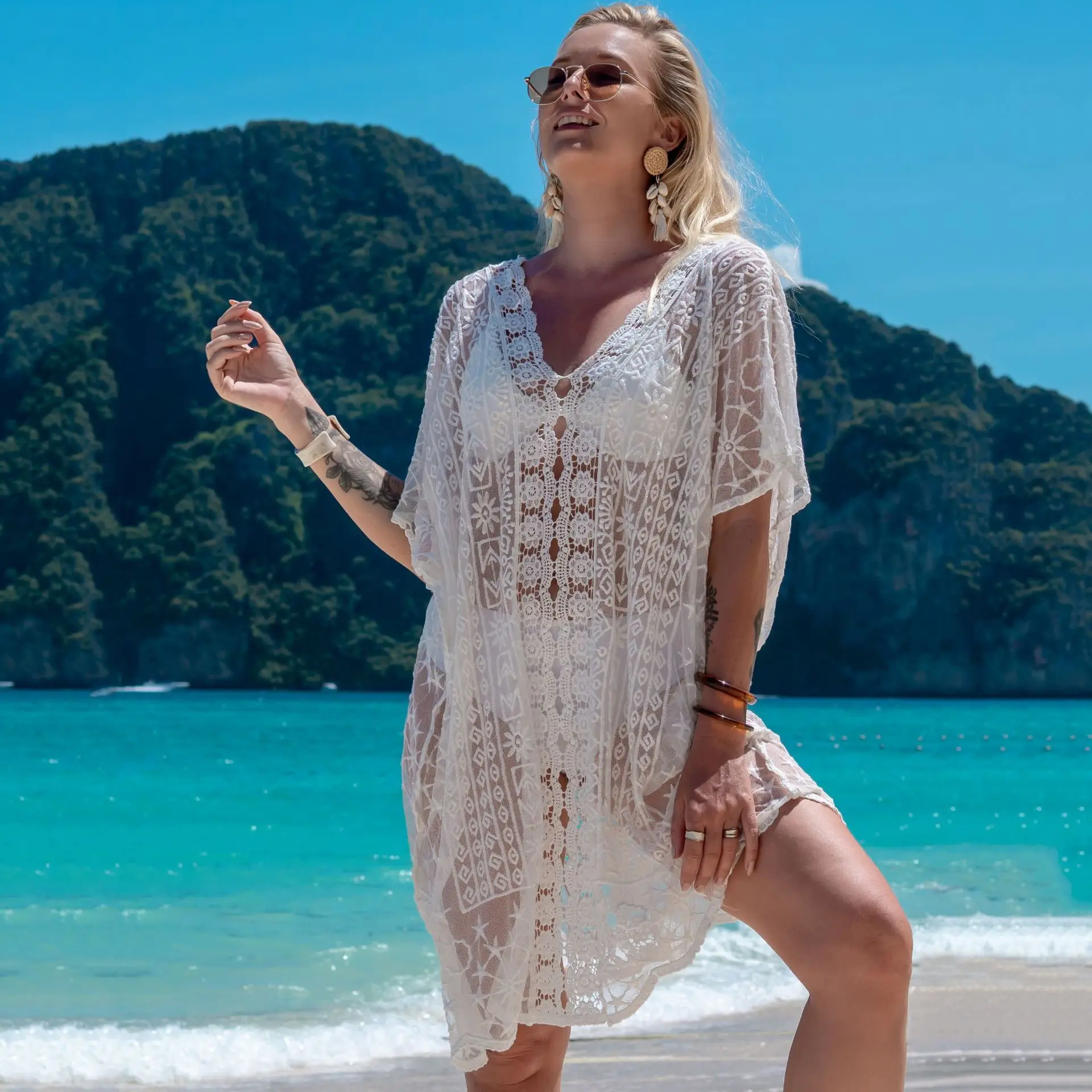 new 2024 Sexy Cover Up Bikini Women Bathing Suit Beach Wear Knitting Swimwear Mesh Beach Dress Tunic Hollow swimsuit cover-up
