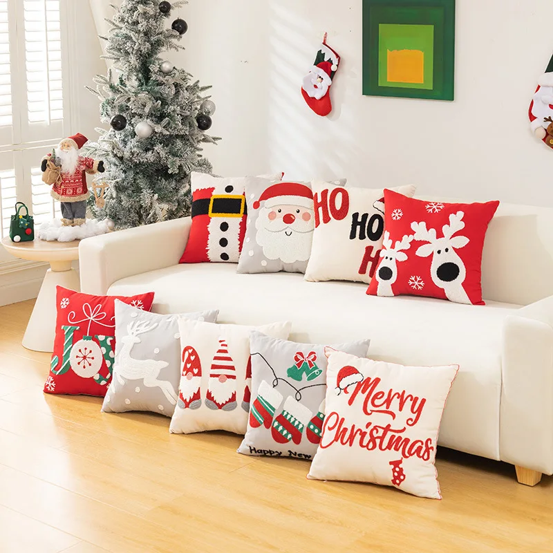 Contemporary Style Christmas Gnomes Design Embroidery Pillow Case 18x18 Inch Cozy Holiday Home Decor Cushion Cover For Sofa