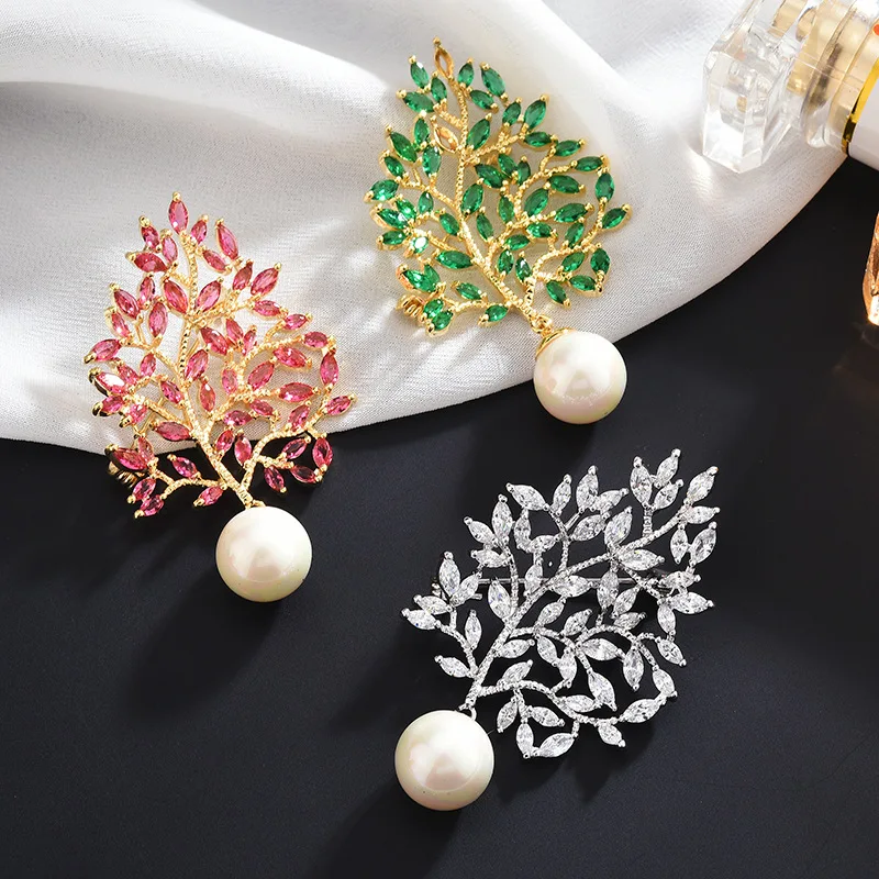 New arrival temperament leaves crystal zircon brooch high quality all matching coat corsage fashion clothes pin jewelry