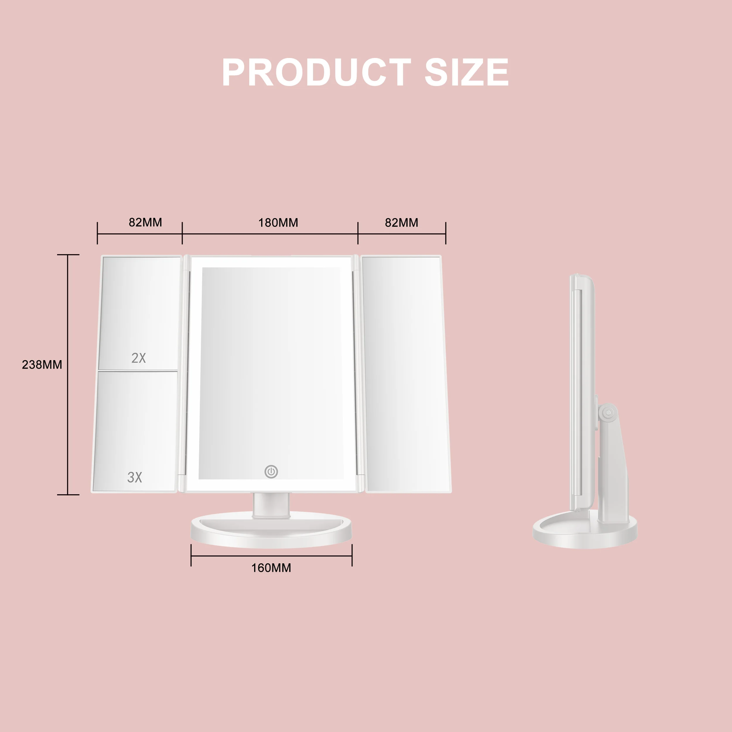 White Dual Power Supply Women Gift Trifold Vanity Foldable Cosmetic  LED Makeup Portable Travel Cosmetic Mirror