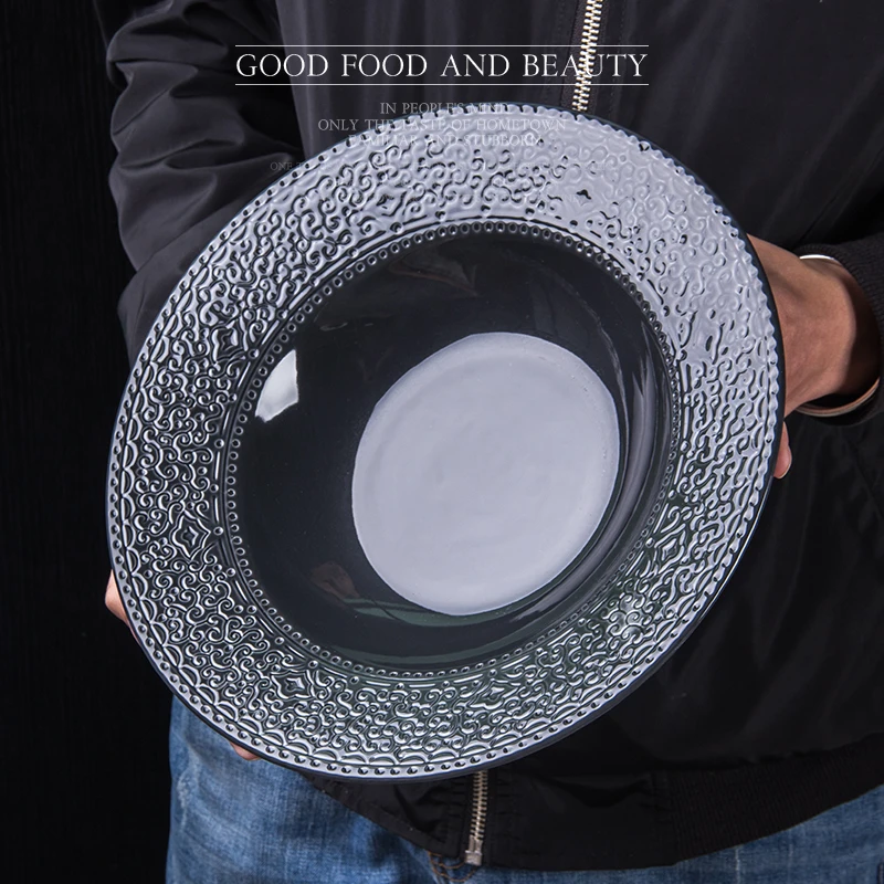 
Simple Black11Inch Ceramic Embossed Wide Rim Deep Serving Tray Steak FruitAppetizer Pasta Bread Plates Porcelain Dinnerware Dish 