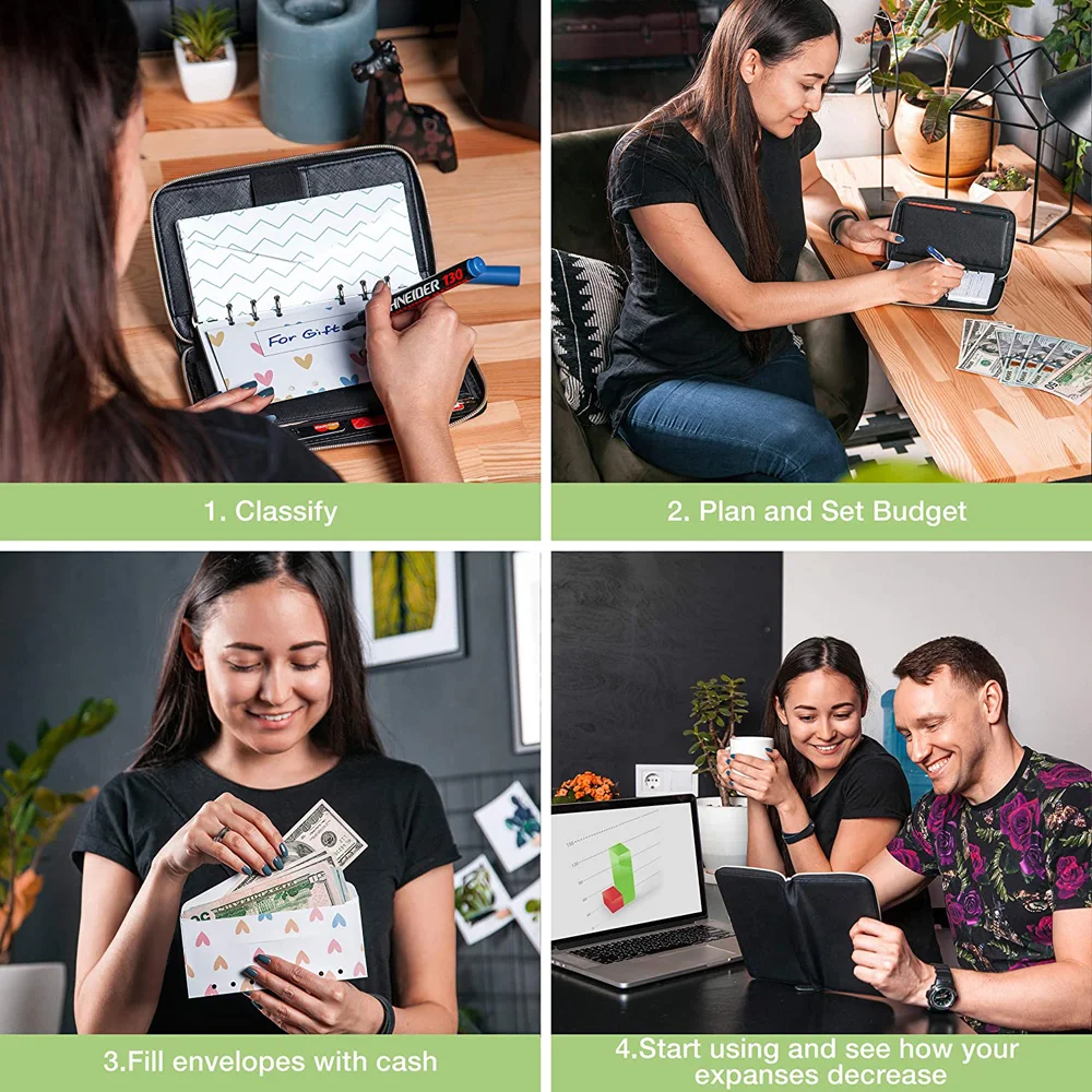 Women Cash Envelope long Zipper Saffiano Leather Multi-function Clutch Budget Wallet with A6 Binder