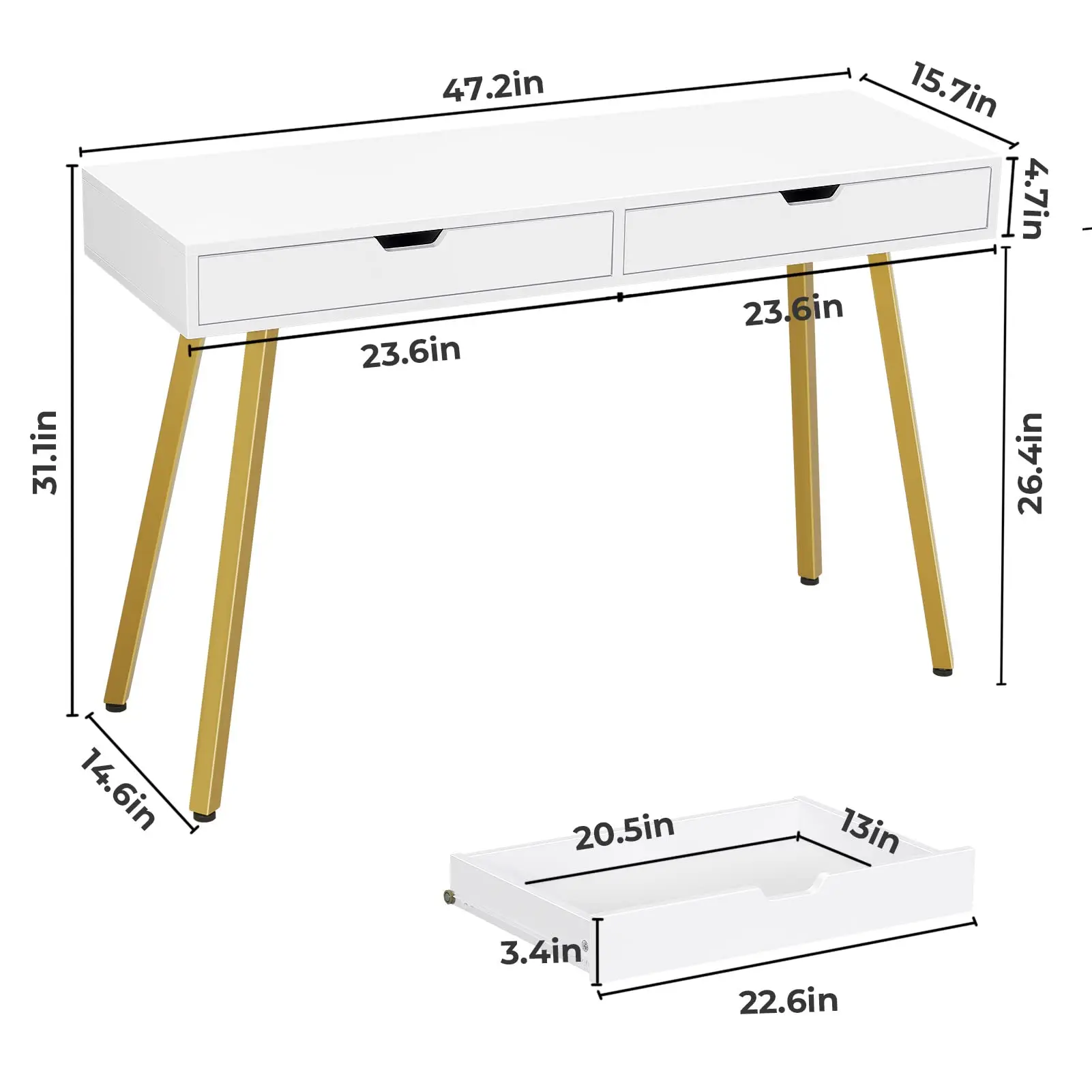 47 inch Makeup Desk with 2 Drawer Dressing Table for Girls Women Bedroom Modern White Computer Laptop Desk for Home Office