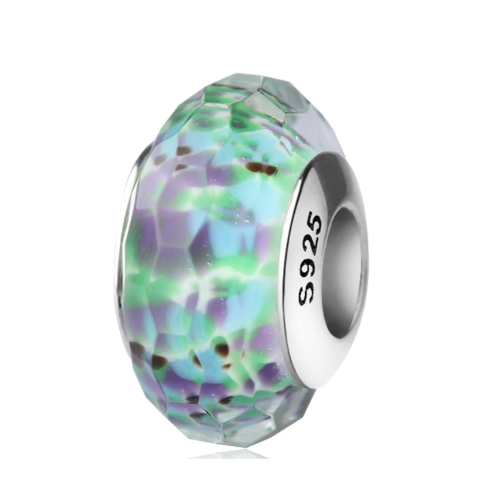 925 Sterling Silver Glass Charms Iridescent Green Bead Fit European Bracelet Iridescent Green Glass Bead Jewelry Gift for Women