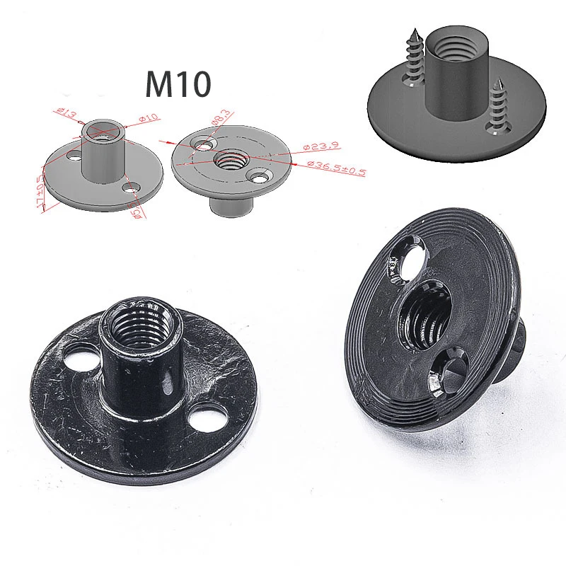 Climbing iron carbon steel M10 round base 2 brad hole tee t nut with dimple