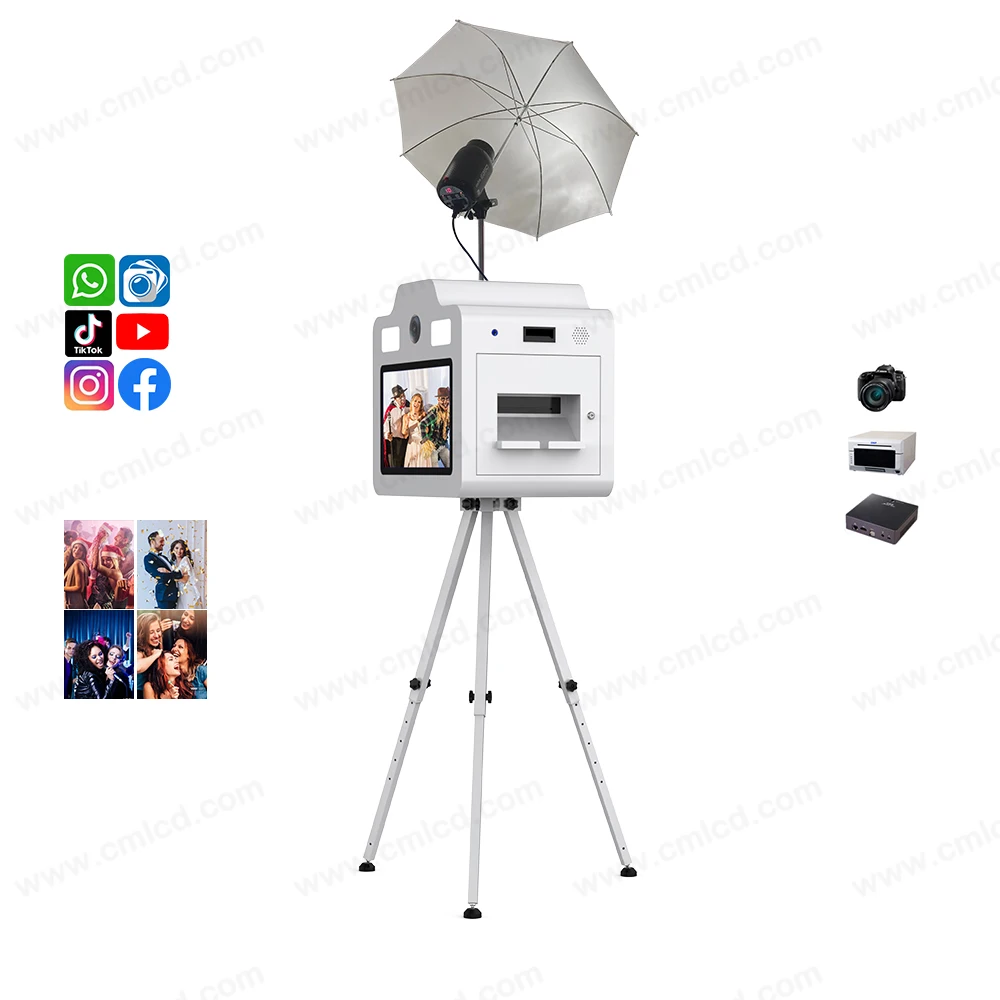portable stable tripod photo booth box with catch photo tray put the printer inside 21.5 inch touch screen dslr photobooth shell