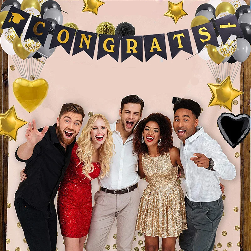 Hot sale graduation season balloon party set black gold fish tail pull flag paper flower ball tassel gold sequins