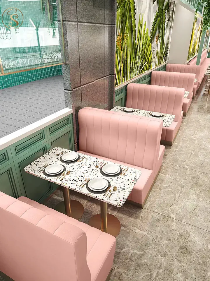 Modern Pink Restaurant Sofa Leather Booth Cafe Table And Chairs Furniture Set Restaurant Booth Gold Stainless Metal leg Tables