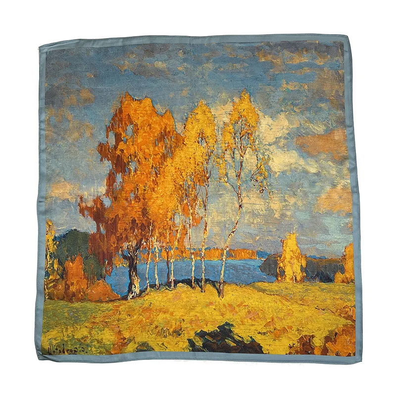 Oil painting style white birch forest printed silk 53cm small square towel summer everything temperament 100% mulberry