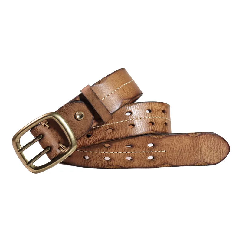 double steel needle Italian cowhide belt copper buckle hollow out leather belt for men