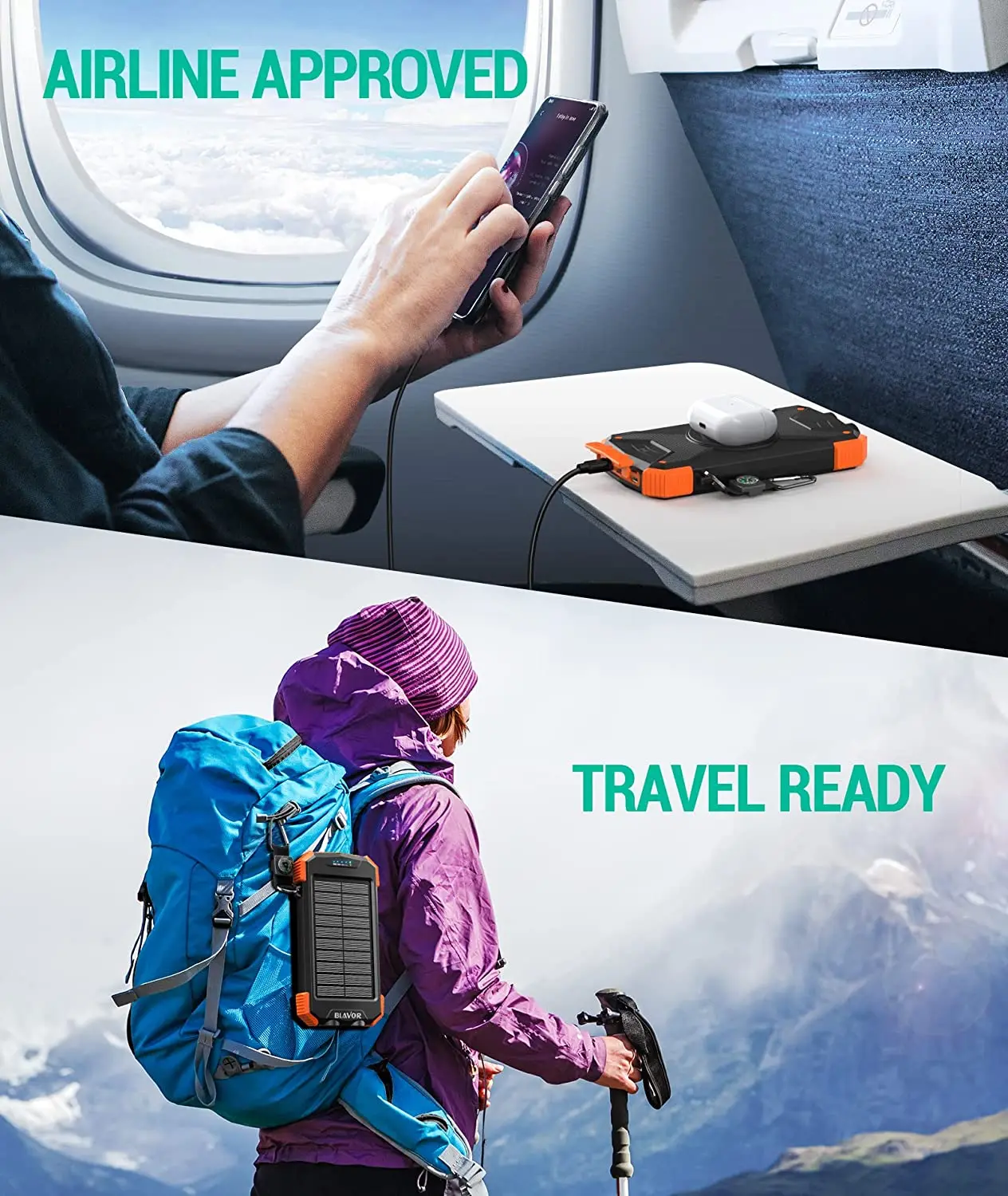 10,000mAh Solar Charger Power Bank Wireless Charger Input Output Dual Super Bright Flashlight Compass Carabiner