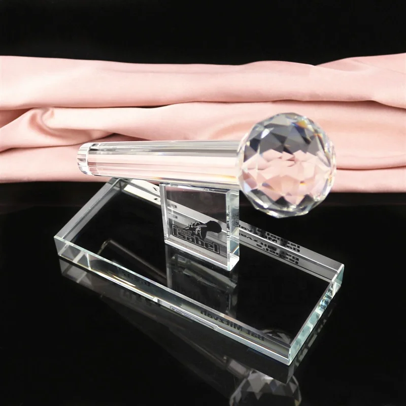 K9 crystal material trophy award factory professional custom logo crystal microphone trophy award plaque crystal