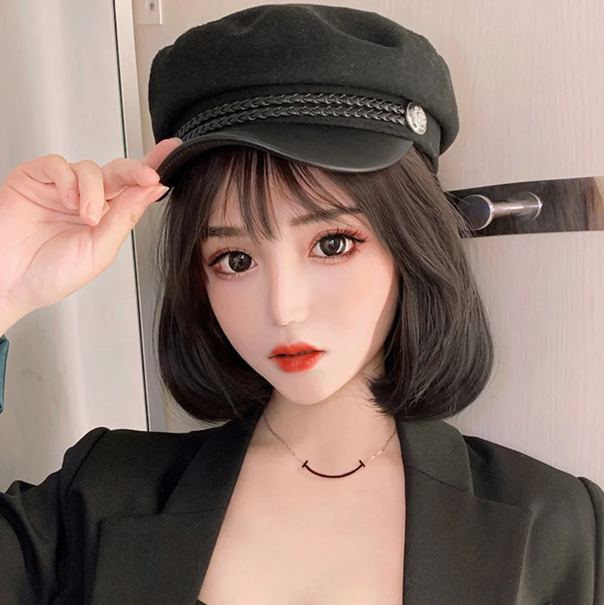 Bobo Chemical Fiber Hot Filament Short Straight Hair Navy Hat With Wig For Women