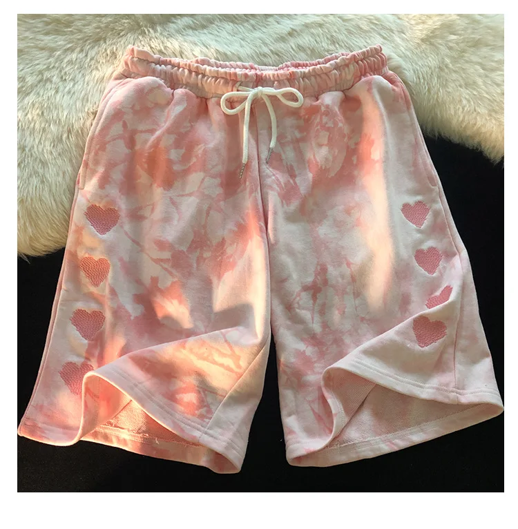 Custom Label 2021 Summer Korean Style Casual Women Embroidered Love Tie Dye Printed Loose Short Pants Elastic Waist Women Shorts