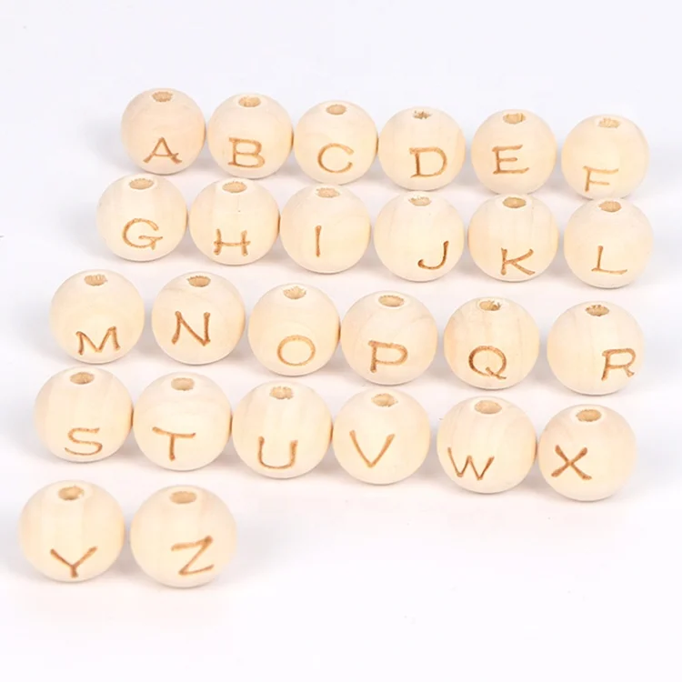 DIY handmade 14mm wooden beads 26 English letters carved hemu round loose wooden beads