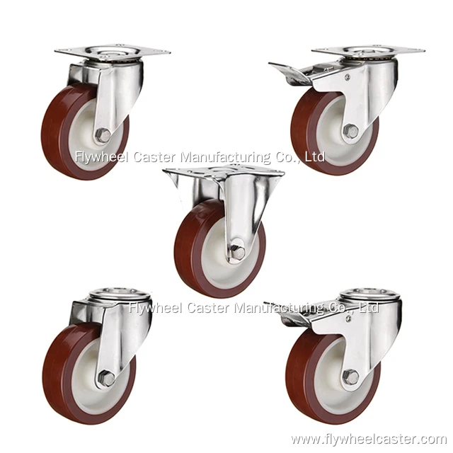 Total brake stainless steel industrial castor plate swivel caster wheel 3 / 4 / 5 inch Nylon core PU solid trolley wheel