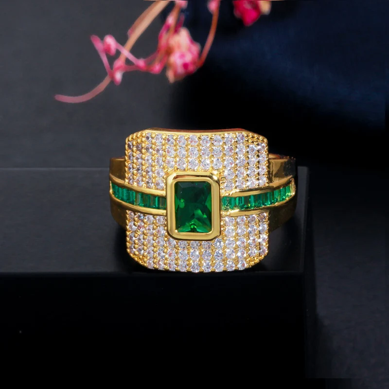 Monaco Style Blue White Green Cubic Zirconia Stone Dubai Yellow Gold Plated Luxury Wedding Engagement Promise Ring for Women