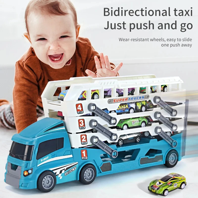 Hot Sale Large Ejection Mini Slide Alloy Container  Engineering Car Multi-Layer Can Receive Blue Racing Car With 6pcs car