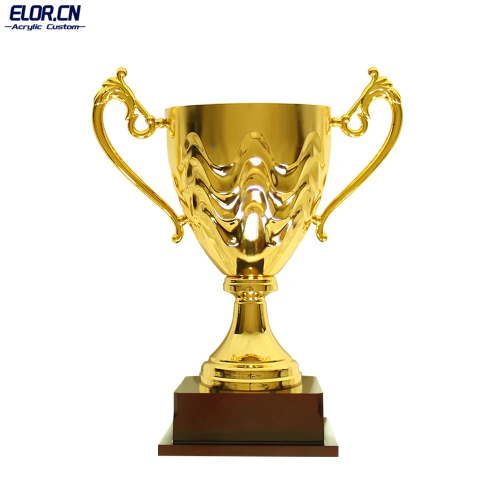 Elor Polished Gold Football Metal Trophy Award Cup With Big Ears Square Wooden Base for Sports Events
