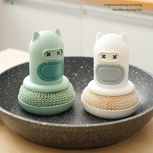 2024 Kitchen Cartoon Press type Brush Creative Automatic Liquid Adding Pot Cute Brush Tool Cleaning and Stain Removal PPball