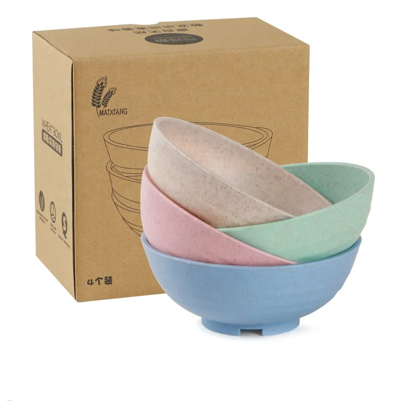 4 pieces / set biodegradable tableware set natural wheat straw rice bowl dessert salad bowl wheat stripe bowl set