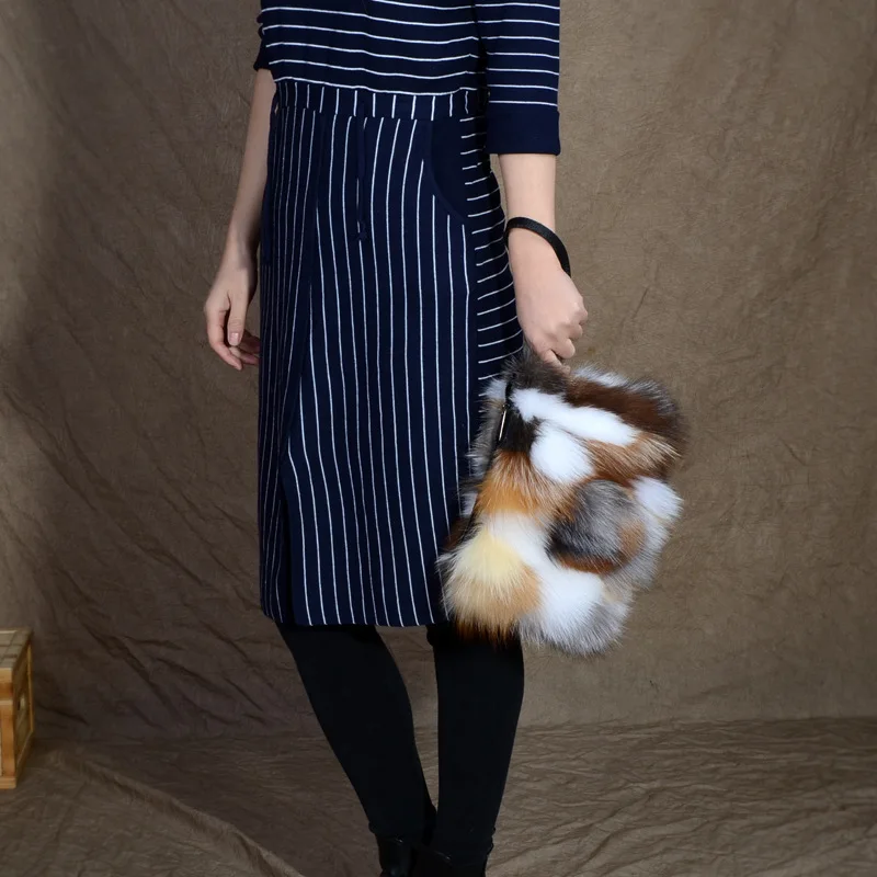 Fluffy fox fur clutch real fur fashion women purse winter multi color fur shoulder bags with metal chain