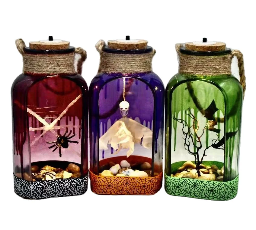Customized processing Halloween decorative props LED glowing glass jar spider bat hanging ghost skeleton