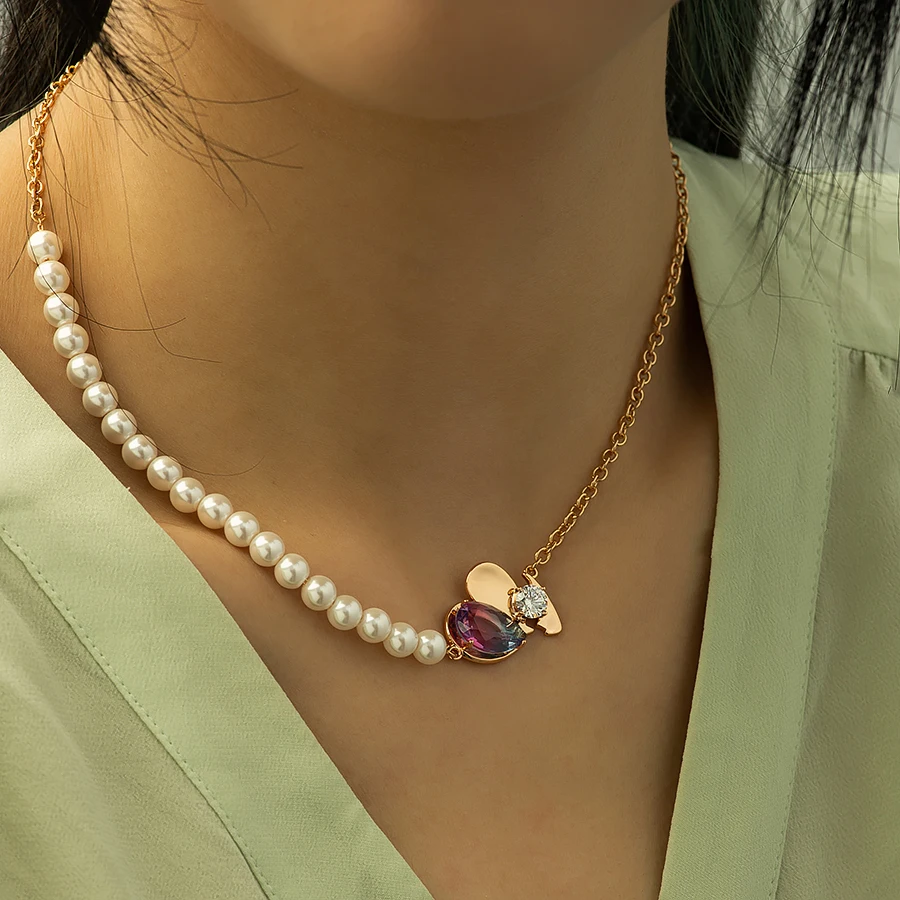 X000463460 Xuping jewelry pearl african custom ladies gold jewelry Spliced pearl chain heart pendant necklace