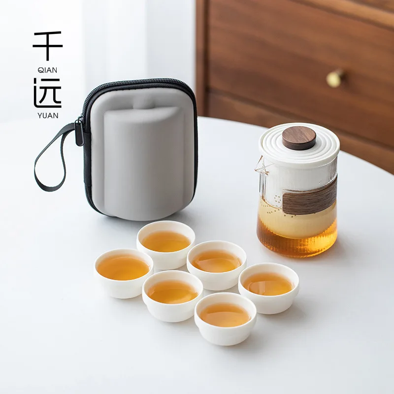 Portable travel tea set a pot of six cups of ceramic glass crack cup gift printed logo outdoor teapot
