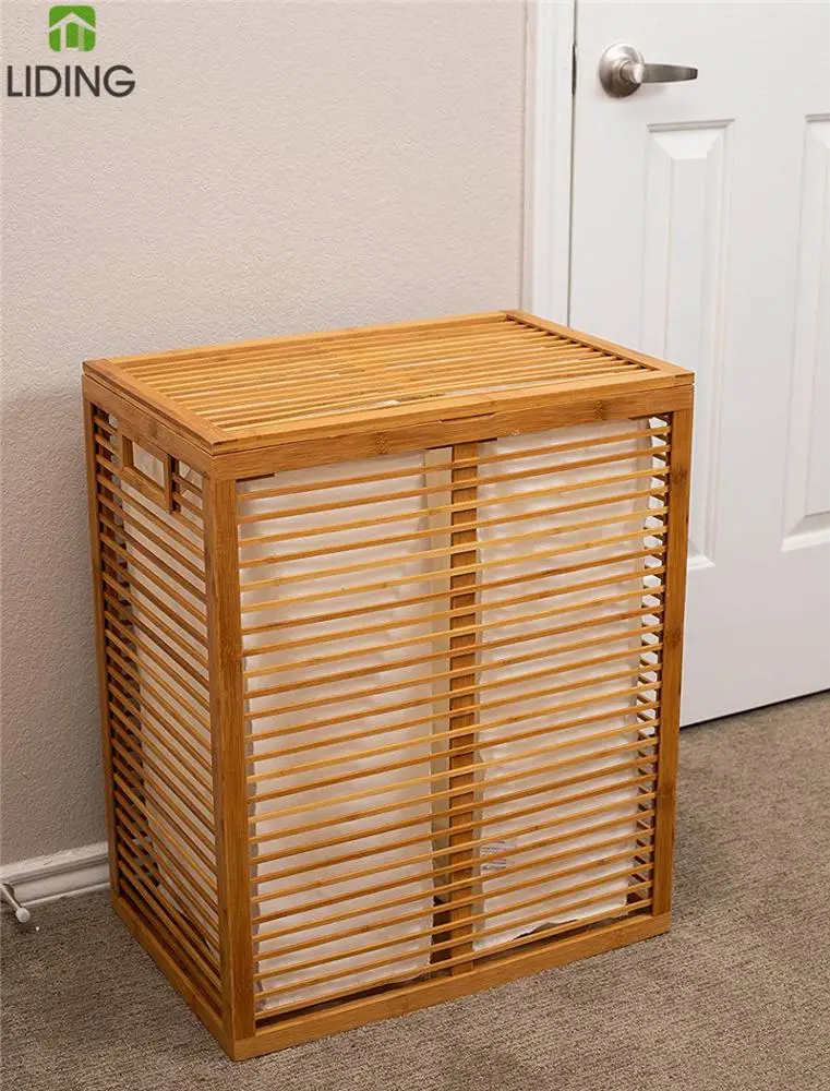 Bamboo Laundry Hamper with Lid and Removable Liners Wooden Foldable Hamper Baby Dirty Clothes Bin Sorter Basket