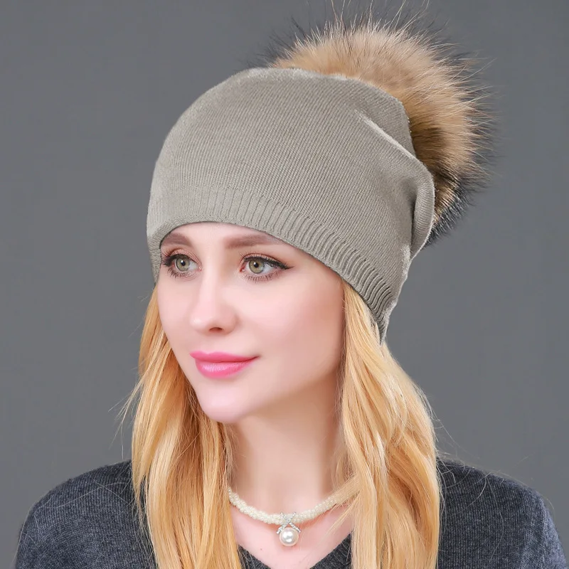 Factory Wholesale Winter Knitted Beanie Hat For Women Real Fur Pom Pom Hats Soft Warm Cashmere Wool Knitted Beanie Hats