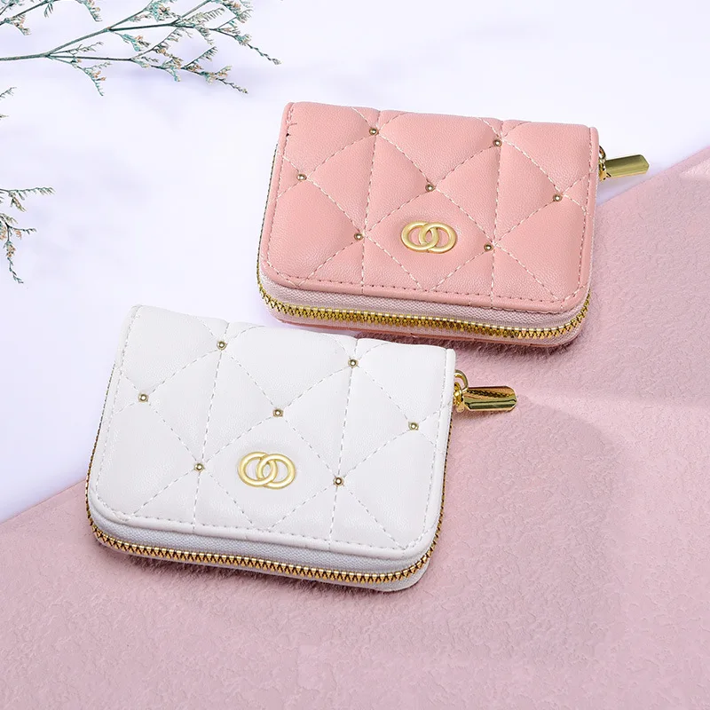 2024 New fashion leather wallet women short foldingcard holder sheepskin plaid grid pattern wallet