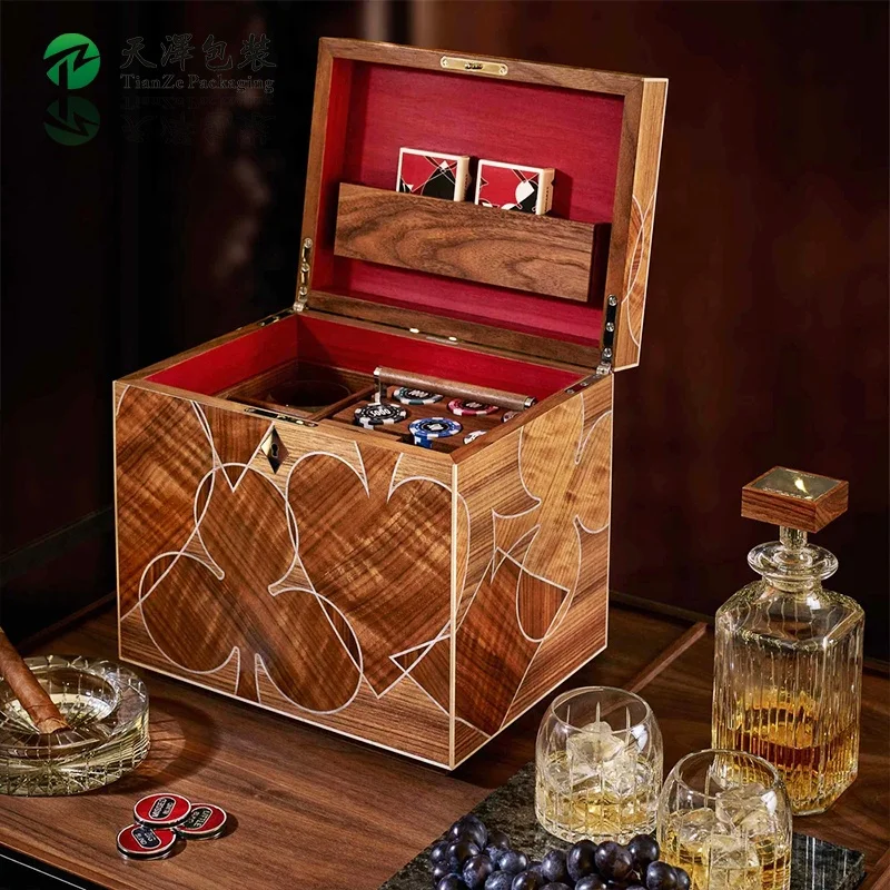 High Quality Premium Wooden Wine Box Custom Luxury Wine Glass Box Casino Pokers Clay Packaging Gift Box
