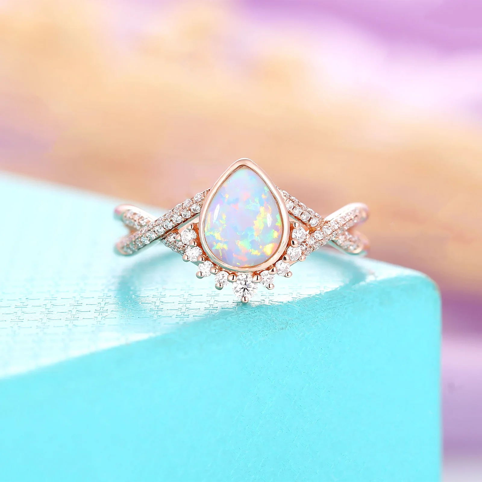 Vintage Moissanite Engagement Ring Set Pear Shaped Rose Gold Wedding Twisted Diamond VVS1 GRA Mossanite Bridal Promise Ring