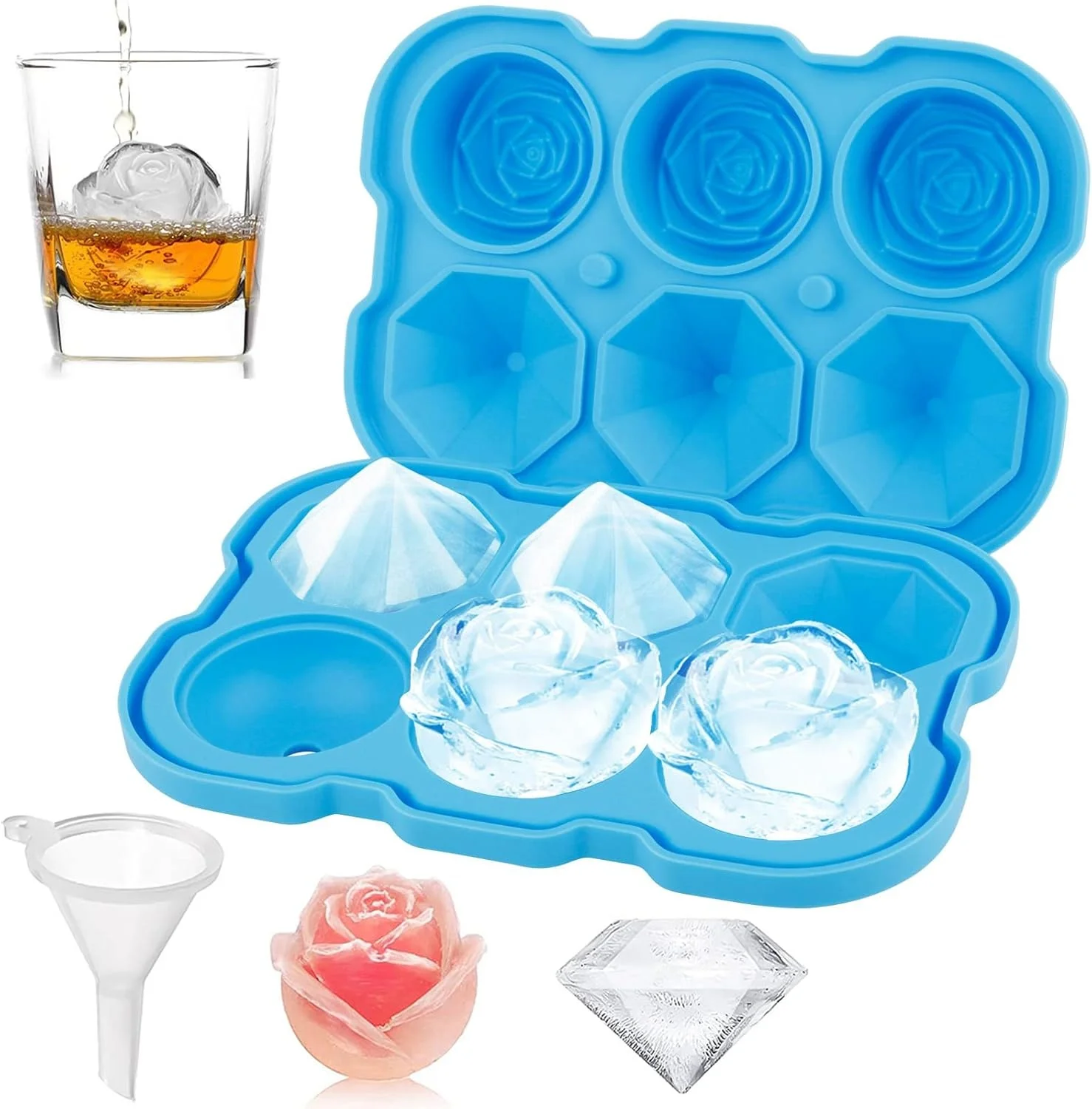 Silicone Ice Mold Fun Shapes With Clear Funnel-type Lid 3 Diamond 3 Rose Ice Balls for Chilling Whiskey Cocktails Drinks